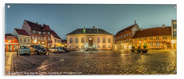 Panorama over the Market place  at night in Faaborg Acrylic by Stig Alenäs