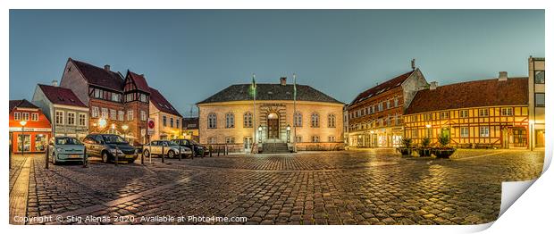 Panorama over the Market place  at night in Faaborg Print by Stig Alenäs