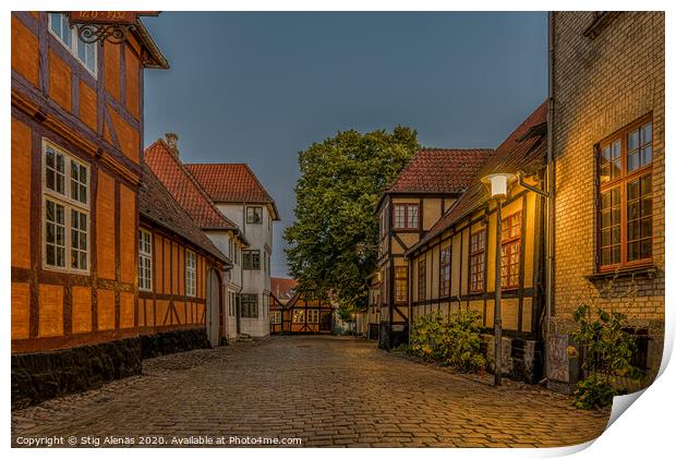 Ancient half-timbered houses at a cobblestone stre Print by Stig Alenäs