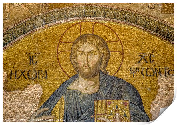 Mosaic of the pantocrator in the Church of the Hol Print by Stig Alenäs