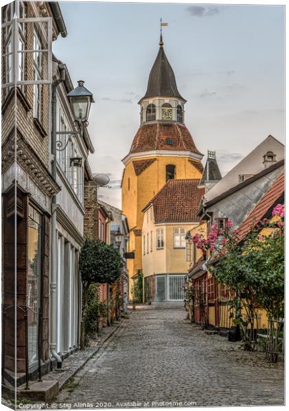the famous belfry in Faaborg at the end of an alleyway Canvas Print by Stig Alenäs