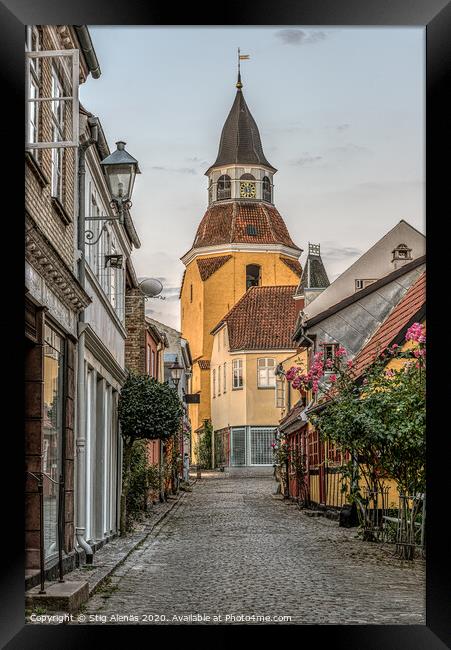 the famous belfry in Faaborg at the end of an alleyway Framed Print by Stig Alenäs