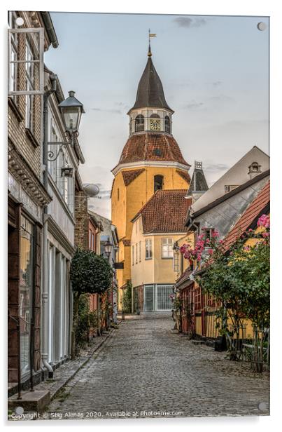 the famous belfry in Faaborg at the end of an alleyway Acrylic by Stig Alenäs