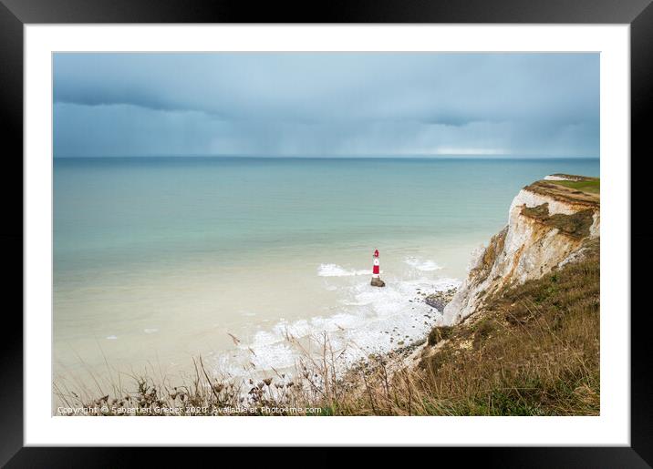 Beachy Head Lighthouse Rain Clouds Framed Mounted Print by Sebastien Greber