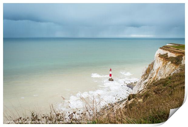 Beachy Head Lighthouse Rain Clouds Print by Sebastien Greber