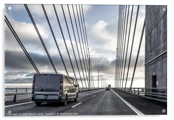 A black van driving over the Øresund Bridge betwee Acrylic by Stig Alenäs