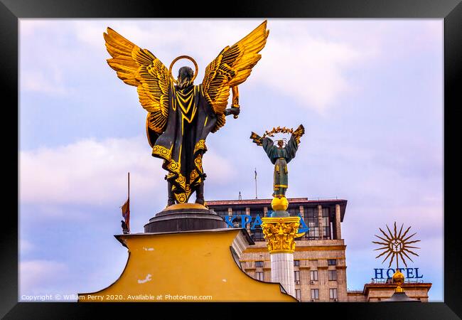 Laches Gate Saint Michael Statue Berehynia  Statue Kiev Ukraine Framed Print by William Perry