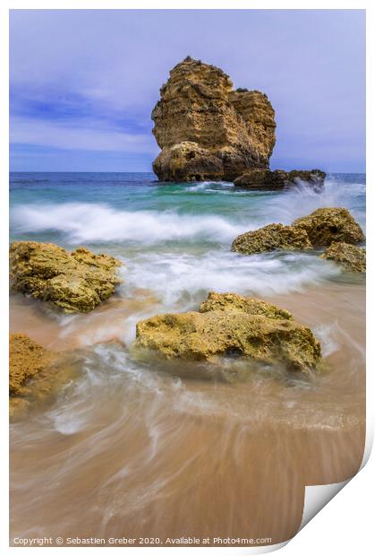 Waves breaking at Praia de Sao Rafael Print by Sebastien Greber