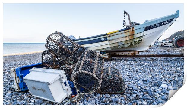 Fishing boat with its crab and lobser pots on the shore Print by Jason Wells