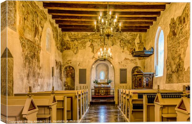 Interior of a medieval church with flat ceiling and romanesque m Canvas Print by Stig Alenäs
