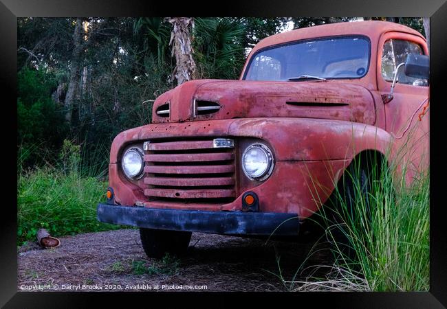 Old Red Truck by Grass Framed Print by Darryl Brooks