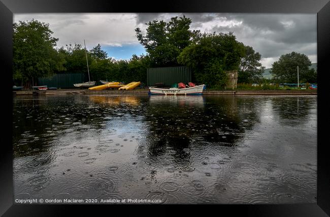 Safety Boat in the rain, Llangorse Lake Framed Print by Gordon Maclaren