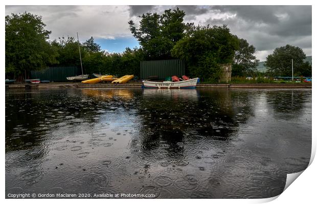 Safety Boat in the rain, Llangorse Lake Print by Gordon Maclaren
