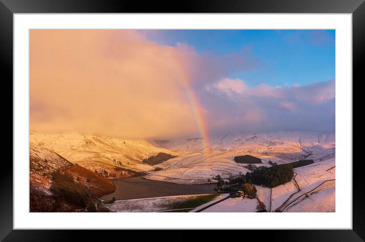 Kinder Scout Winter Rainbow Framed Mounted Print by John Finney