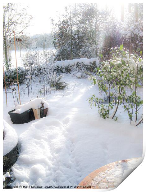 A sunny winter day with fresh snow and footprints  Print by Hanif Setiawan