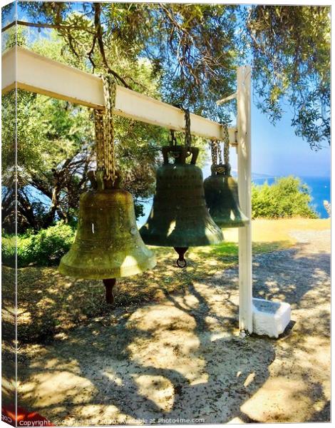 The old bells at the monastery above Sami.  Canvas Print by Gaynor Ball