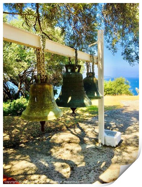 The old bells at the monastery above Sami.  Print by Gaynor Ball