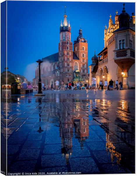 Reflections of St Mary's Basilica in Krakow Canvas Print by Inca Kala