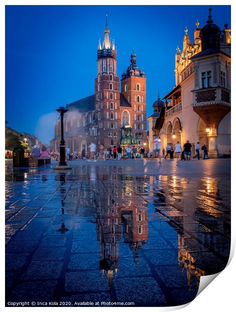 Reflections of St Mary's Basilica in Krakow Print by Inca Kala