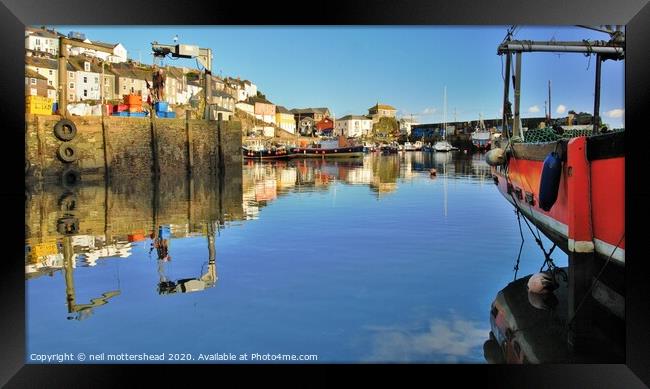 Mevagissey Harbour Reflections. Framed Print by Neil Mottershead