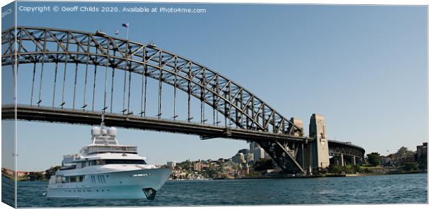  Motor yacht passing under Sydney Harbour Bridge,  Canvas Print by Geoff Childs