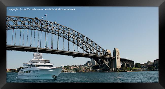  Motor yacht passing under Sydney Harbour Bridge,  Framed Print by Geoff Childs