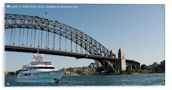  Motor yacht passing under Sydney Harbour Bridge,  Acrylic by Geoff Childs