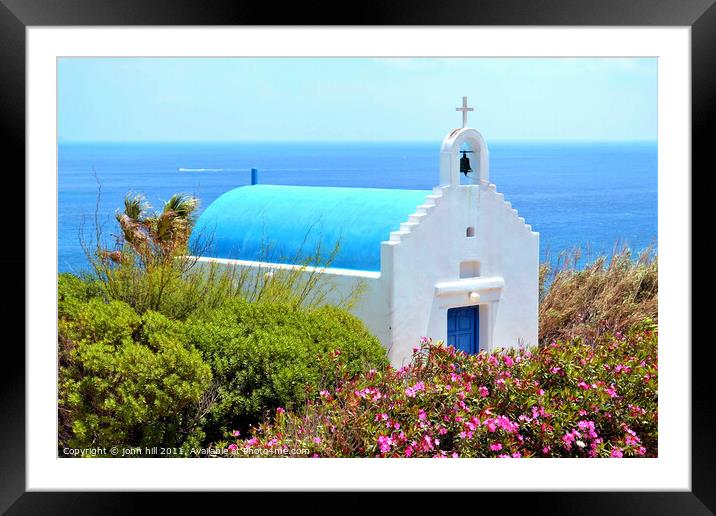 Greek church cliff above Kala Livade beach in Greece. Framed Mounted Print by john hill