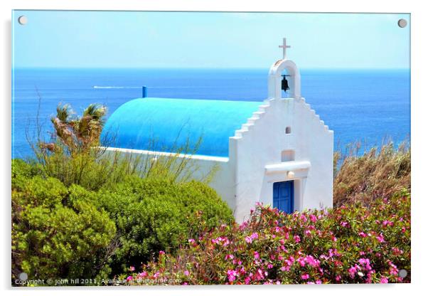 Greek church cliff above Kala Livade beach in Greece. Acrylic by john hill