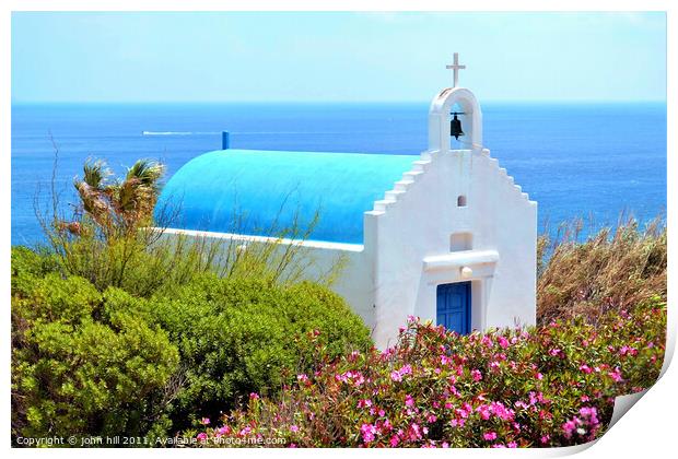 Greek church cliff above Kala Livade beach in Greece. Print by john hill