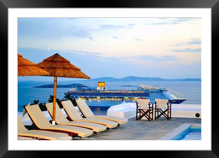 From the hotel during Dusk at Mykonos in Greece. Framed Mounted Print by john hill