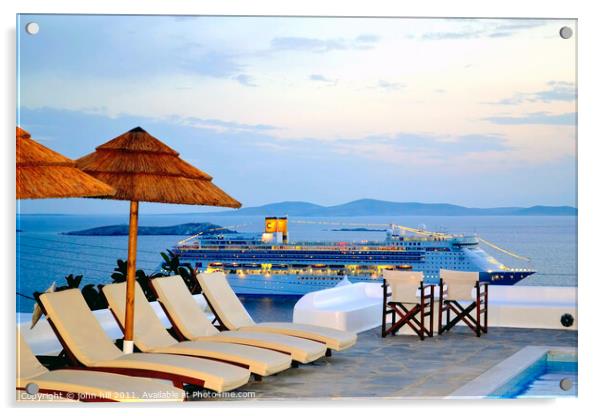 From the hotel during Dusk at Mykonos in Greece. Acrylic by john hill