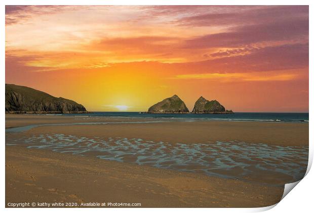 Gull Rocks Holywell, Bay,North Cornwall at sunset  Print by kathy white