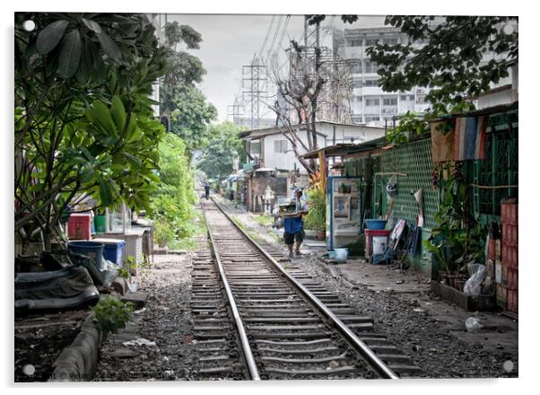 Railway track in central Bangkok, Thailand, with houses alongside. Acrylic by Peter Bolton