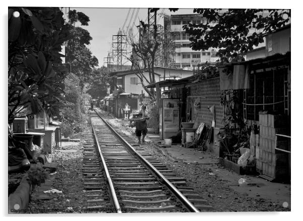 Railway track in central Bangkok, Thailand, with houses alongside. Acrylic by Peter Bolton