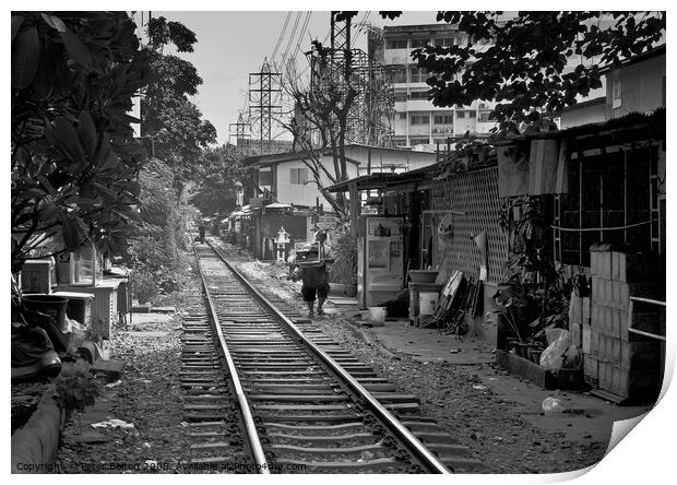 Railway track in central Bangkok, Thailand, with houses alongside. Print by Peter Bolton