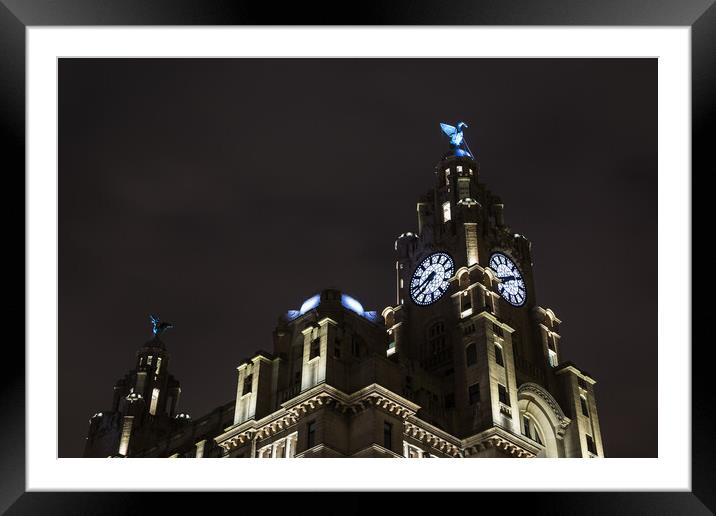 Liver Birds above Liverpool lit up at night Framed Mounted Print by Jason Wells