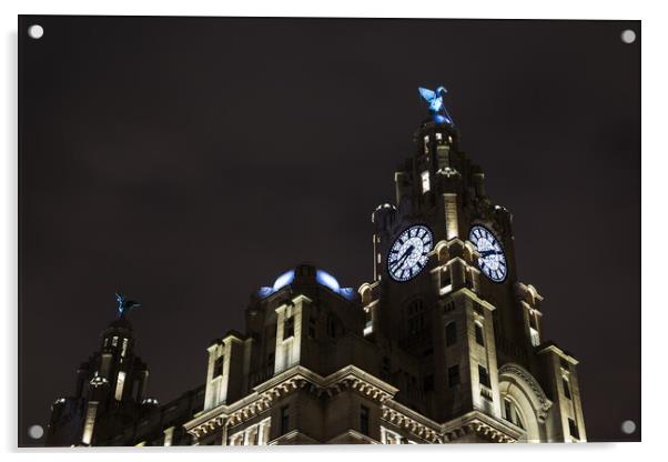 Liver Birds above Liverpool lit up at night Acrylic by Jason Wells