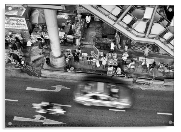 Black and white view from overhead of a street with food vendors and traffic. Bangkok, Thailand. Acrylic by Peter Bolton