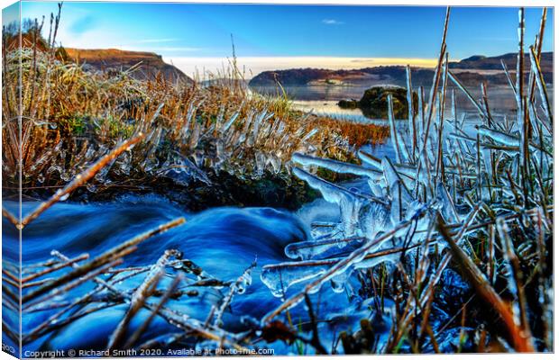 Small burn flows into Loch portree Canvas Print by Richard Smith