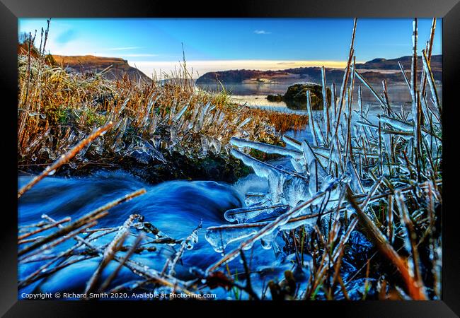 Small burn flows into Loch portree Framed Print by Richard Smith