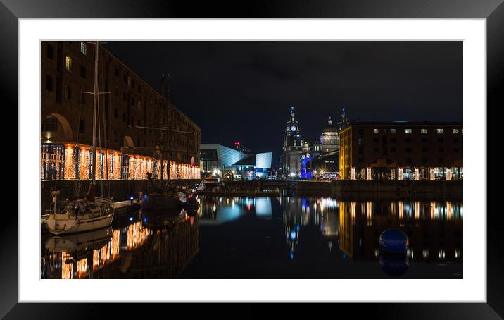 Three Graces and the festive lights reflect in the Albert Dock Framed Mounted Print by Jason Wells