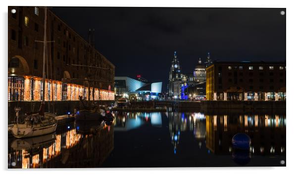 Three Graces and the festive lights reflect in the Albert Dock Acrylic by Jason Wells