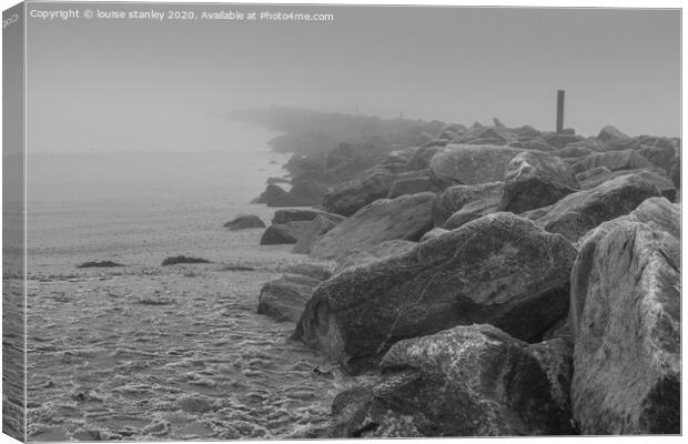 Lost sea groyne on a frosty foggy morning  Canvas Print by louise stanley