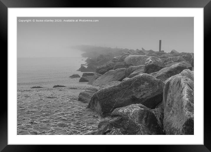 Lost sea groyne on a frosty foggy morning  Framed Mounted Print by louise stanley