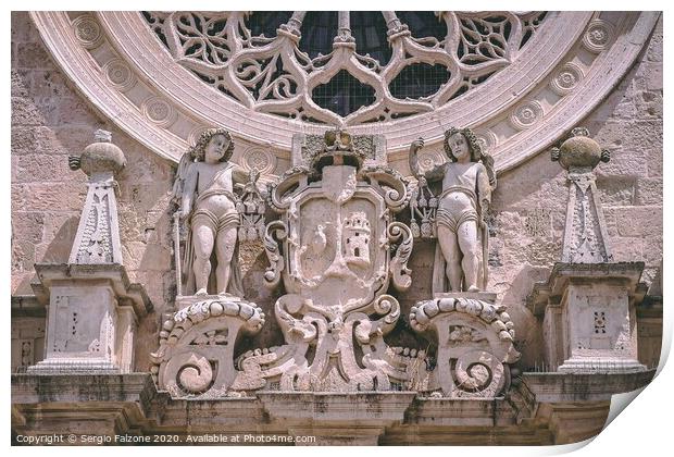 Detail of the facade of the church of Santa Croce in Lecce, Italy Print by Sergio Falzone