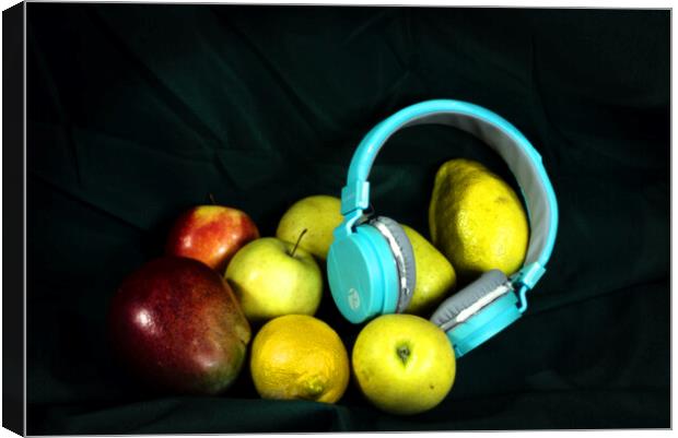 Still life with fruit and blue headphones Canvas Print by Jose Manuel Espigares Garc