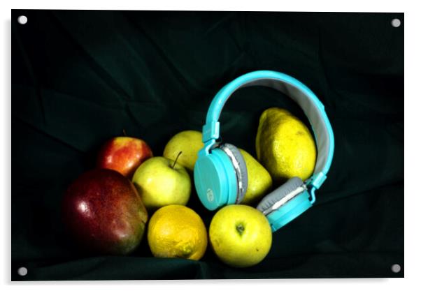 Still life with fruit and blue headphones Acrylic by Jose Manuel Espigares Garc