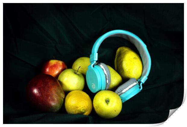 Still life with fruit and blue headphones Print by Jose Manuel Espigares Garc