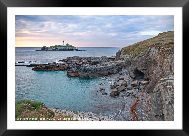 Lighthouse, at Godrevy Sunset, Hayle, Cornwall, En Framed Mounted Print by Rika Hodgson